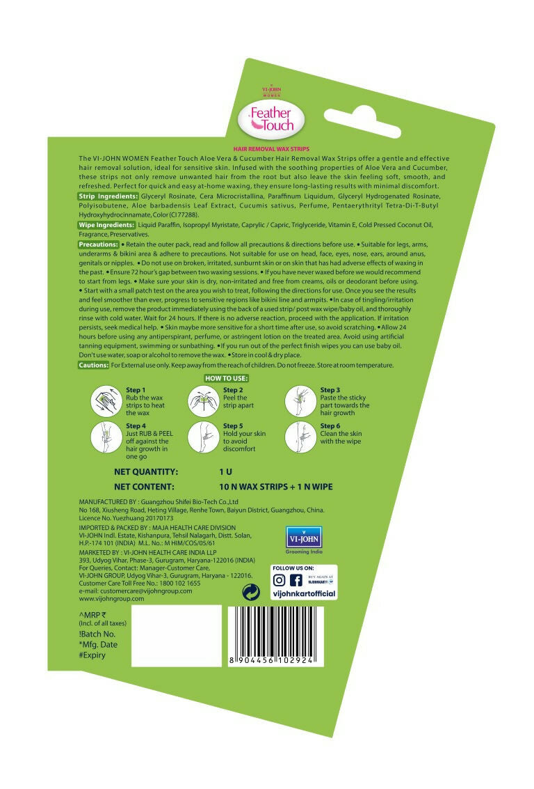 VI-JOHN Feather Touch Cucumber & Alevera Hair Removal Wax Strips for Dry Skin Praraben & Sulphate Free - Distacart