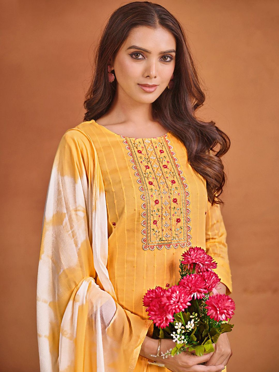 Sangria Ethnic Motifs Embroidered Thread Work Chanderi Silk Kurta with Trousers & Dupatta