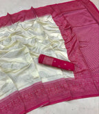 DEIANA'S Beautiful Designer Golden zari Soft Lichi Silk Saree - White