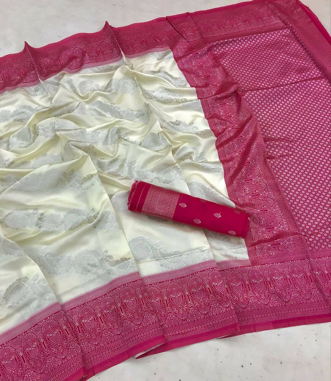DEIANA'S Beautiful Designer Golden zari Soft Lichi Silk Saree - White