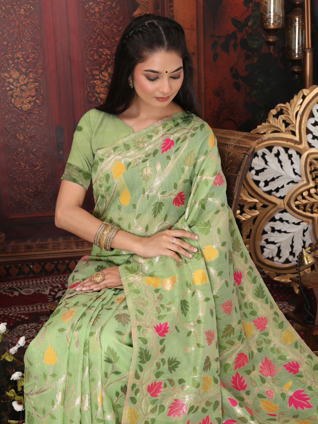Shree Shyam Fashion Linen Cotton Green Saree - Distacart