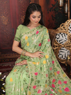 Shree Shyam Fashion Linen Cotton Green Saree - Distacart