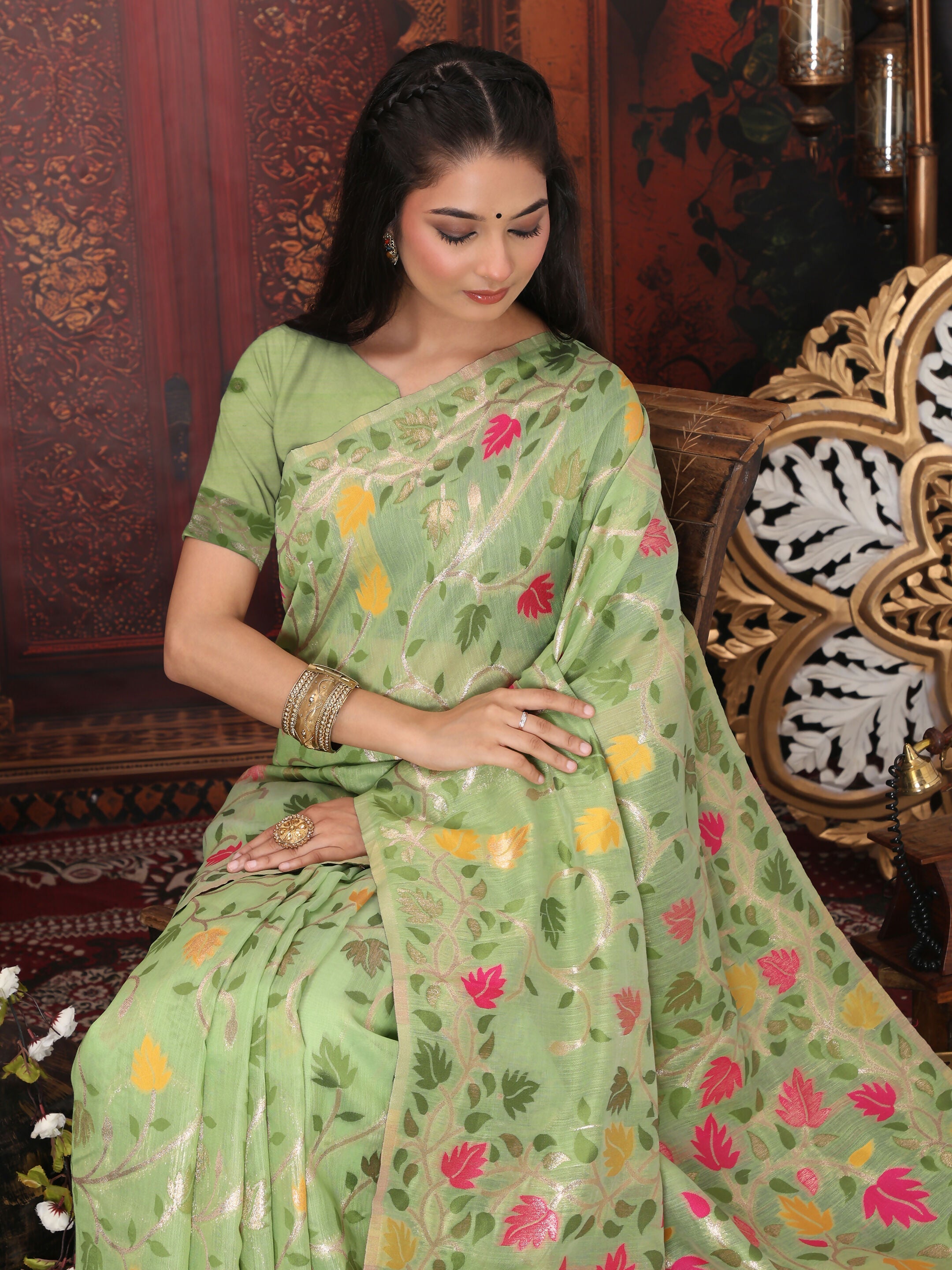 Shree Shyam Fashion Linen Cotton Green Saree - Distacart