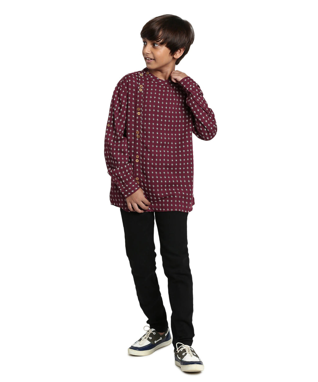 Manet Boys Full Sleeves Dot Printed Ethnic Shirt - Maroon