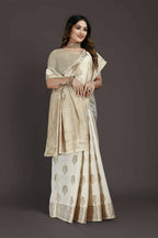 Off White Pure Raw Silk Zari Woven Saree with Unstitched Blouse Piece - Alisha