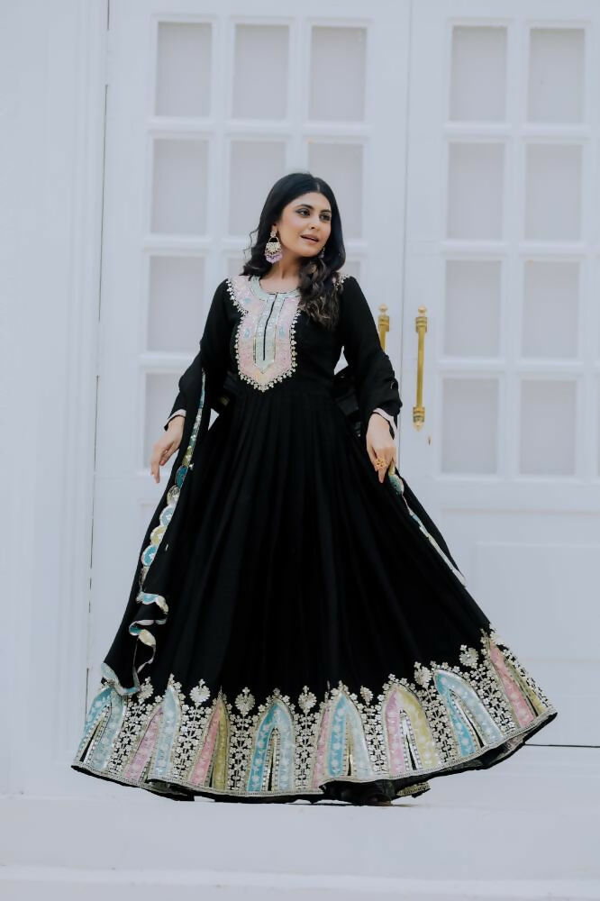 Joban Fashion Black Chinnon Silk Sequence Embroidery Work Readymade Kurta Set - Distacart