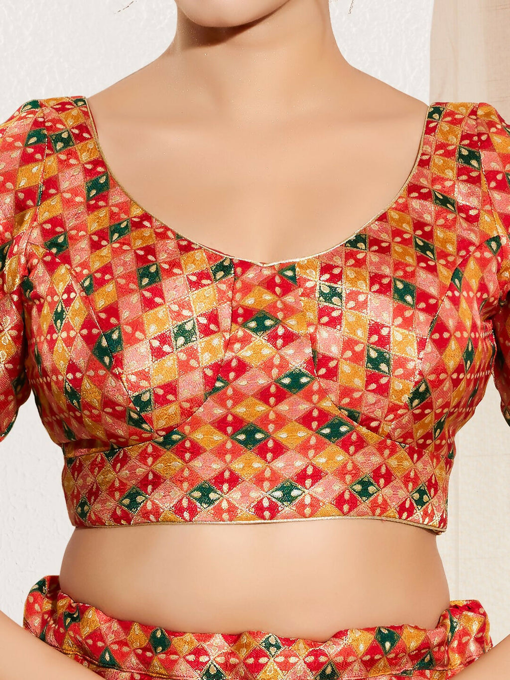 Joban Fashion Red Jacquard Padded Blouse With Round Neck Elbow Sleeves - Distacart