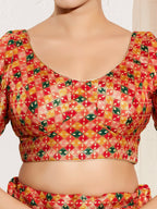 Joban Fashion Red Jacquard Padded Blouse With Round Neck Elbow Sleeves - Distacart