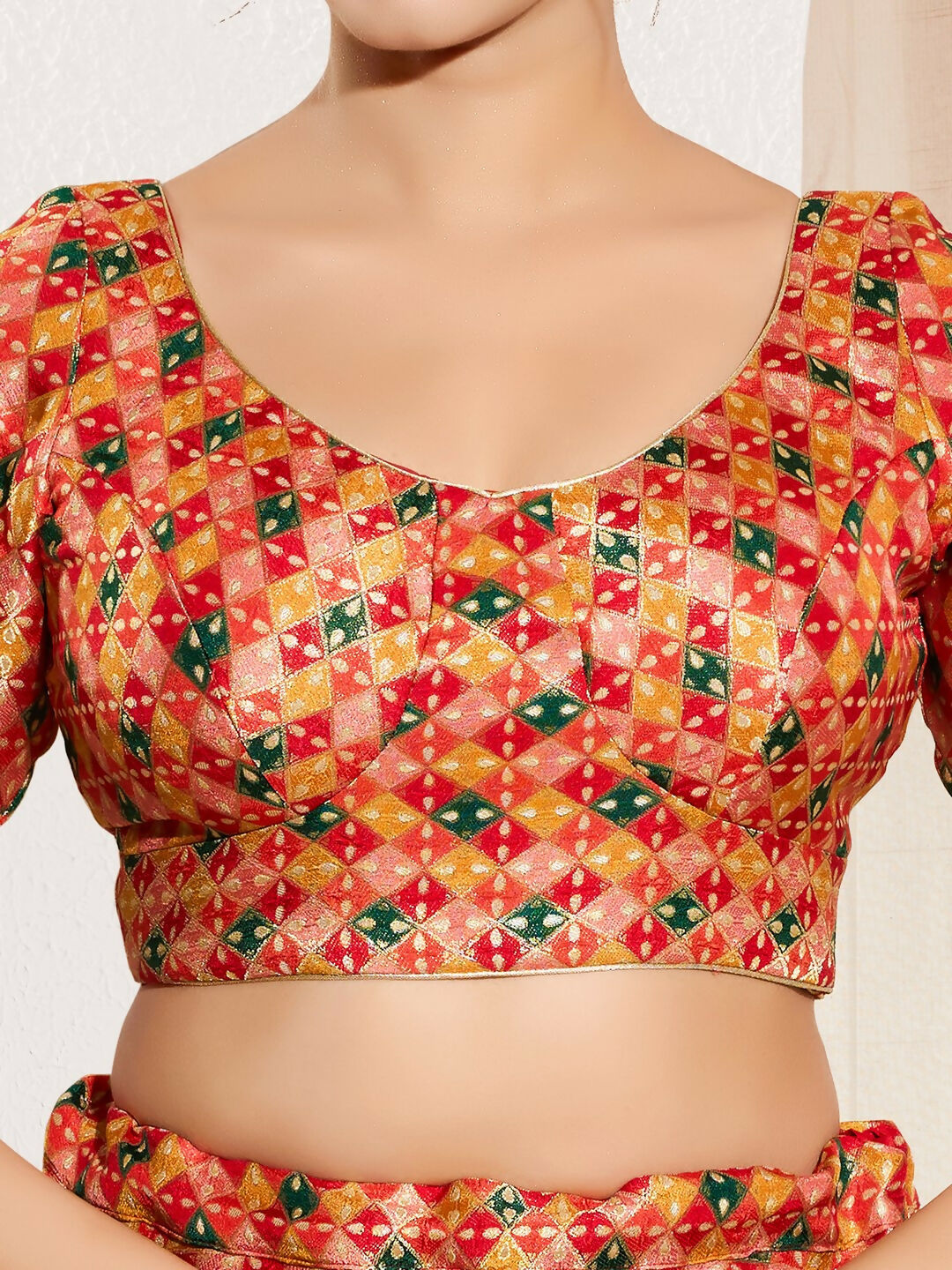 Joban Fashion Red Jacquard Padded Blouse With Round Neck Elbow Sleeves - Distacart