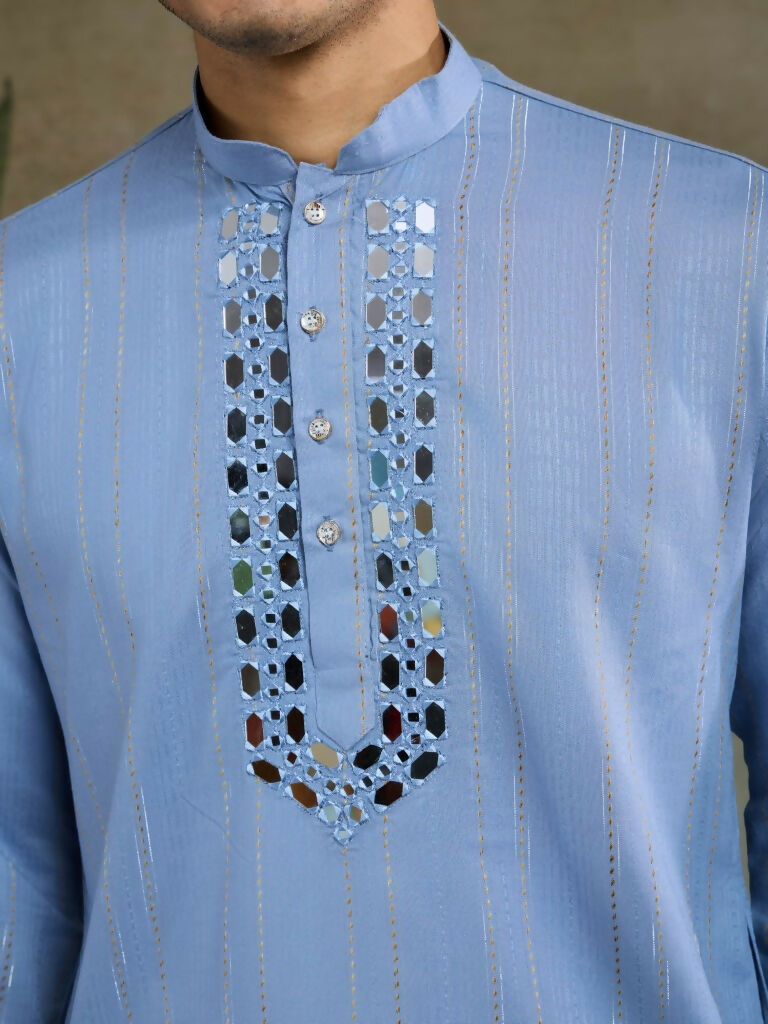 Vastranavya Light Blue Exclusive Viscose Silk Festival Wear Real Mirror Work Kurta with Dupatta