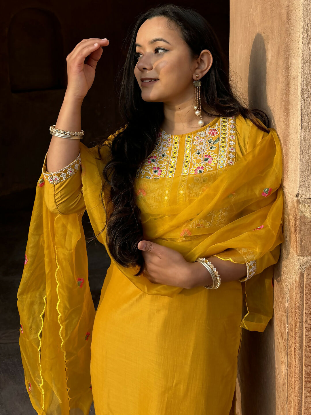 Vellora Mustard Yellow Silk Blend Festive Style Readymade Salwar Suit