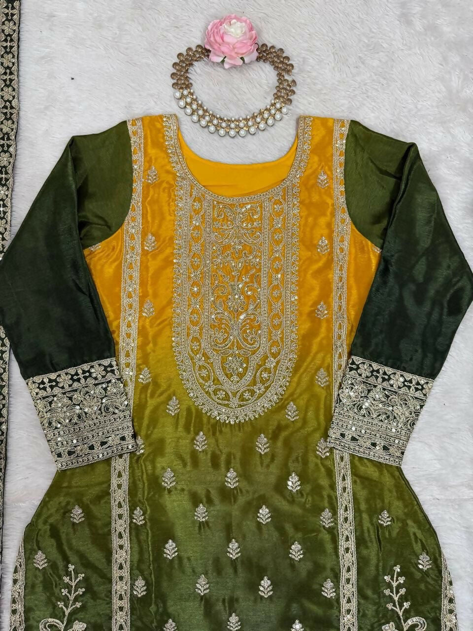 The52 Women's Gorgeous Chinon silk Fabric Embroidery Work Straight Kurta Palazzo and Dupatta Set - Distacart