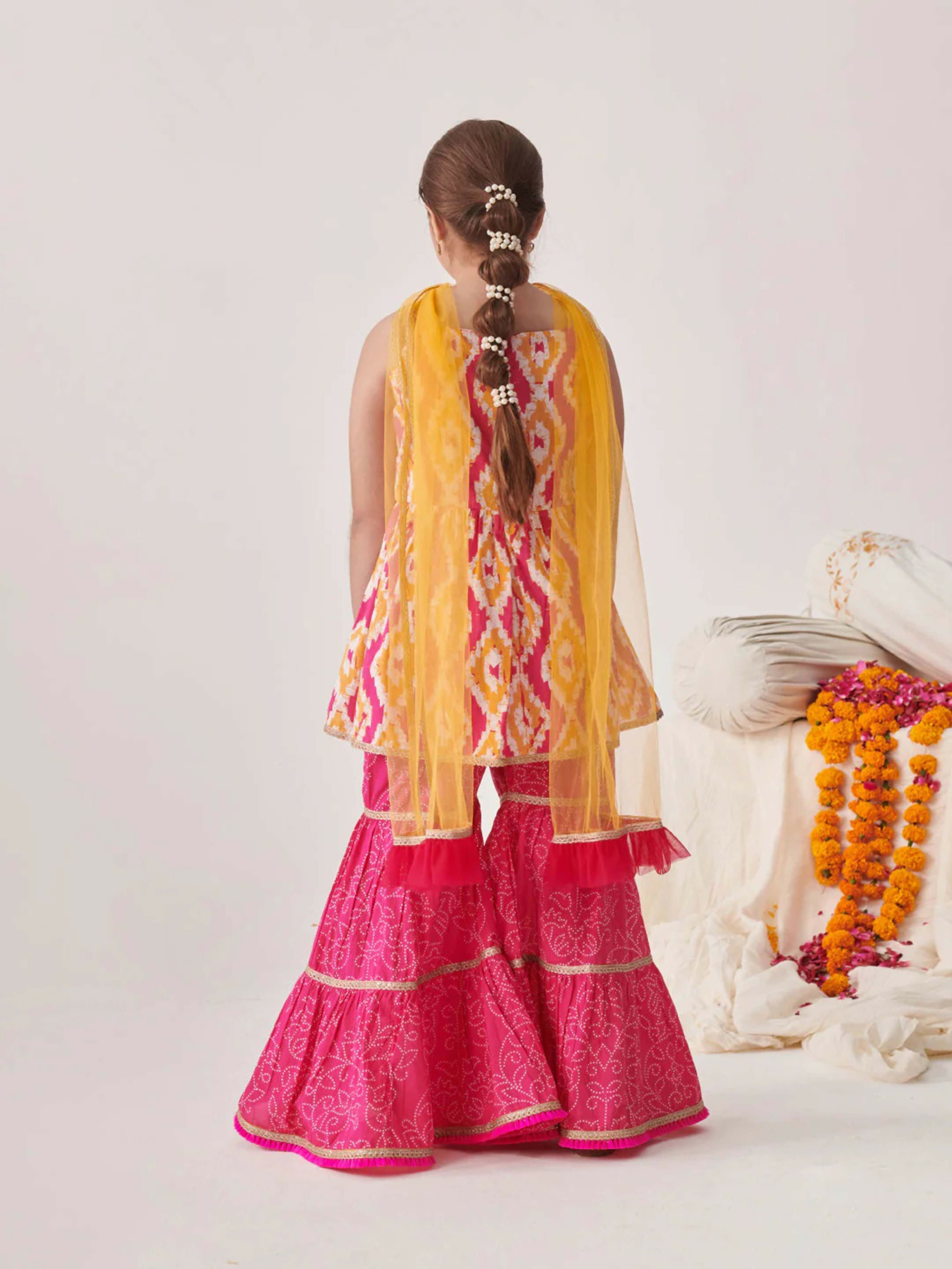 Joban Fashion Girl's Pink Yellow Color Sharara Set