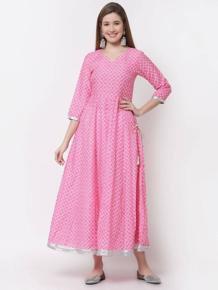Myshka Pink Color Cotton Blend Printed Anarkali Kurta With Dupatta