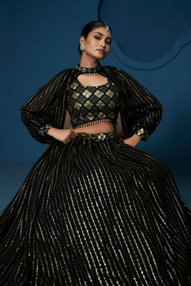 Black Sequence Work Georgette Crop Top Type Full Sleeve Lehenga Choli - Jihu Culture