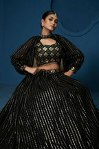 Black Sequence Work Georgette Crop Top Type Full Sleeve Lehenga Choli - Jihu Culture