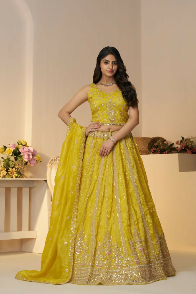 Kesar Fab Yellow Jimmy Choo Hand_Woven Lehenga