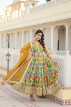 Jyoti Fashion Women's Green Russian Silk Sequins Zari Embroideredy Anarkali Dress with Dupatta