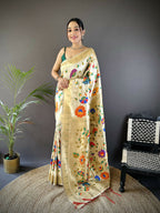 Joban Fashion Off-White  Zari Woven Floral Motifs Soft Silk Paithani Silk Saree - Distacart