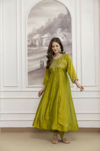 The52 Light Green Women's Beautiful Vichitra Silk Fabric Embroidered Work Flared Anarkali Pant and Dupatta Set - Distacart