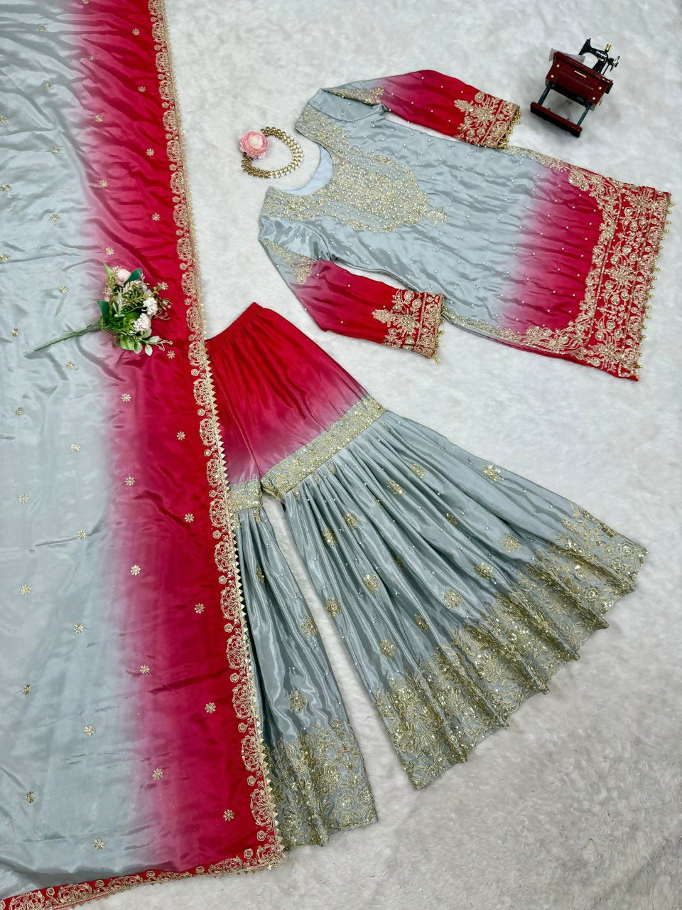 The52 Women's Beautiful Chinon silk Fabric Embroidery Work Straight Kurta Palazzo and Dupatta Set - Distacart