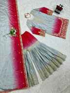 The52 Women's Beautiful Chinon silk Fabric Embroidery Work Straight Kurta Palazzo and Dupatta Set - Distacart