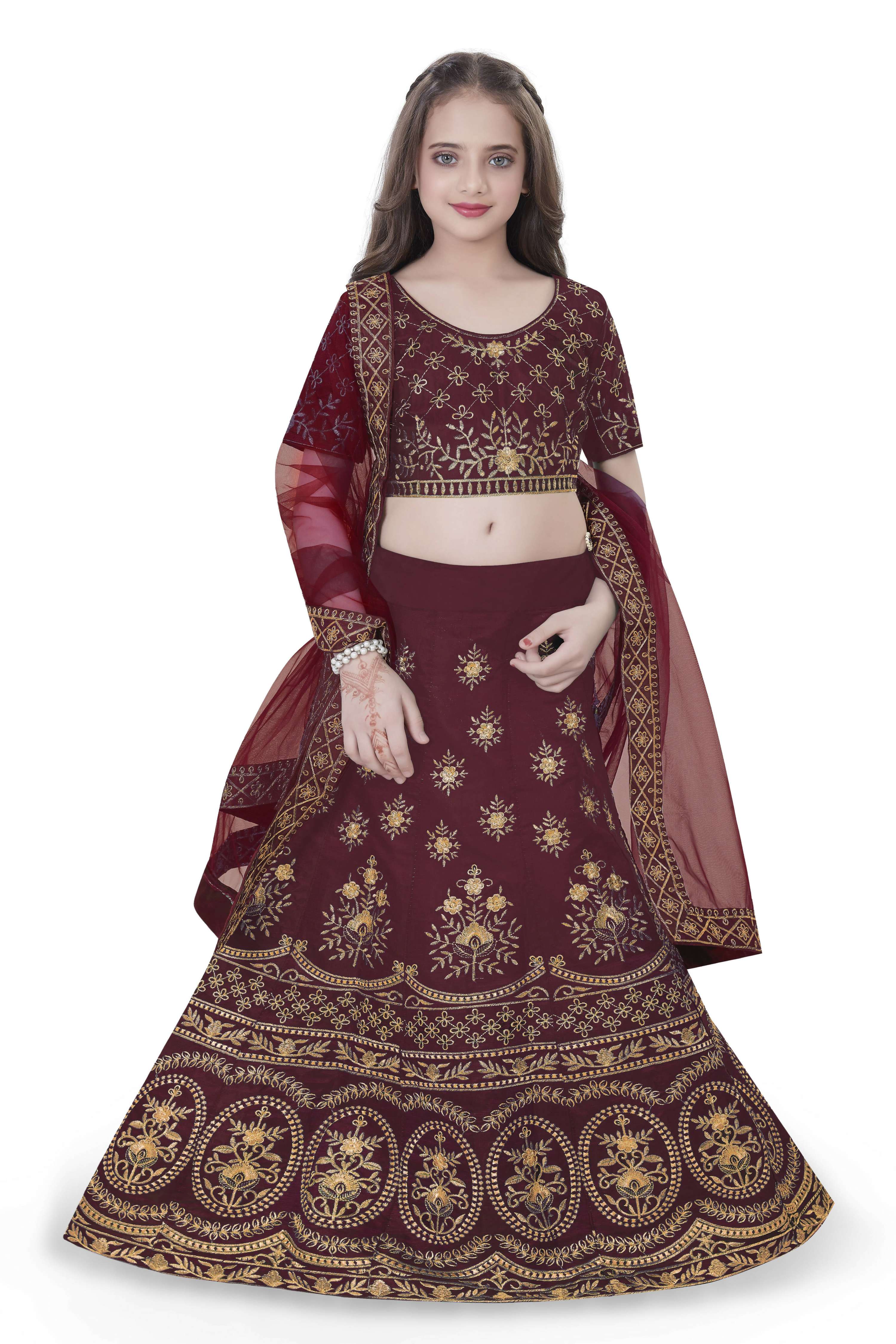 Dwiden Maroon Lehriyu Tafetta Sattin Semi-Stitched Girl's Lehenga Choli