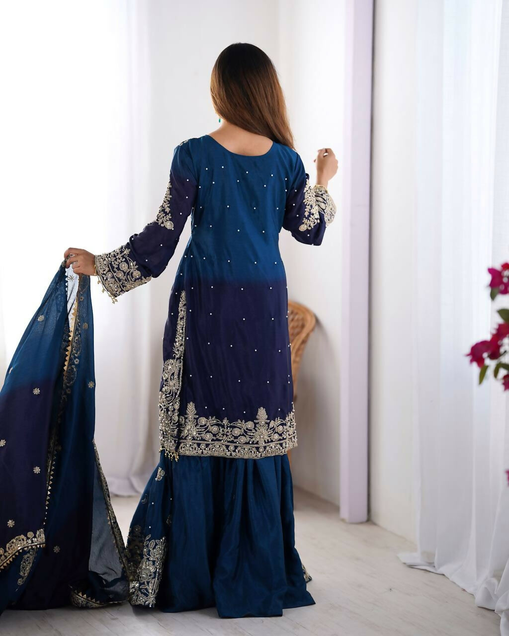 The52 Women's Beautiful Chinon silk Fabric Embroidery Work Straight Kurta Palazzo and Dupatta Set - Distacart
