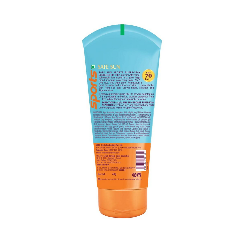 Lotus Herbals Safe Sun Sports Super Stay Sunscreen Cream SPF 70 PA+++ - Distacart