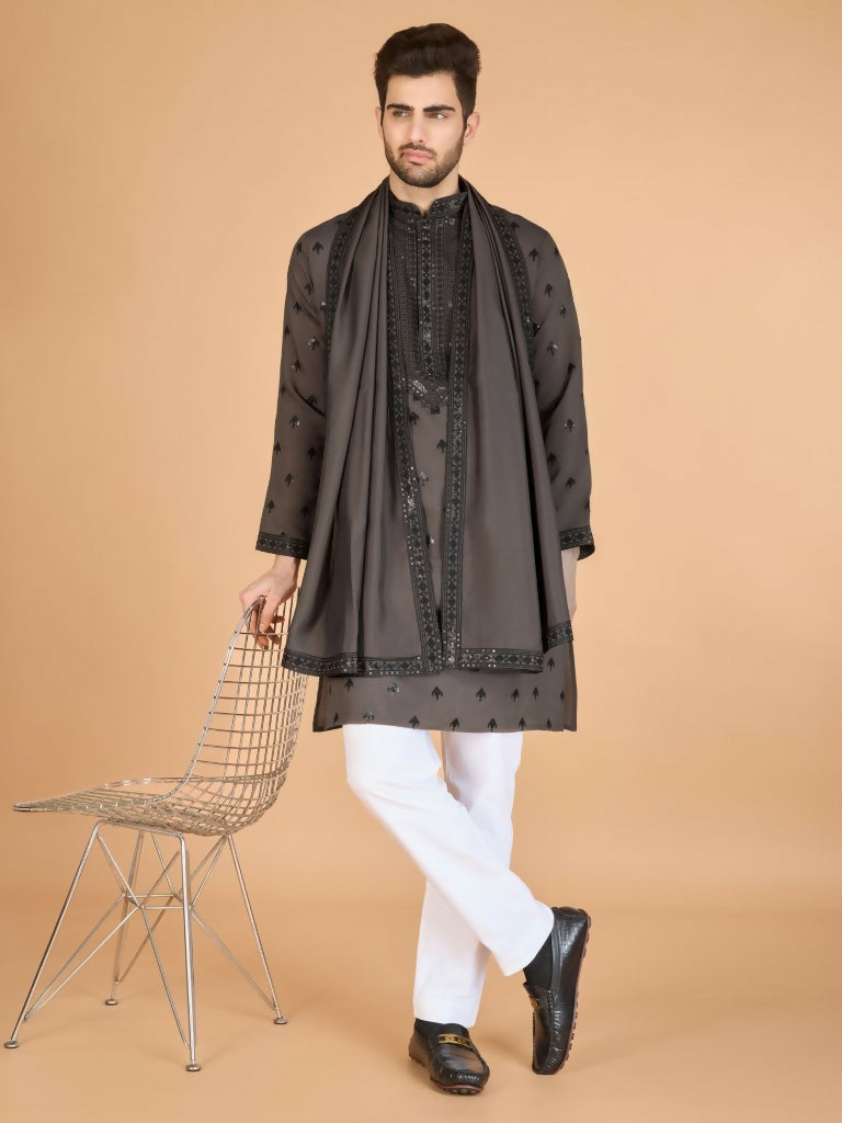 Vastranavya Brown Exclusive Festival Wear Viscose Silk Thread with Sequence Embroidered Work Kurta with Dupatta