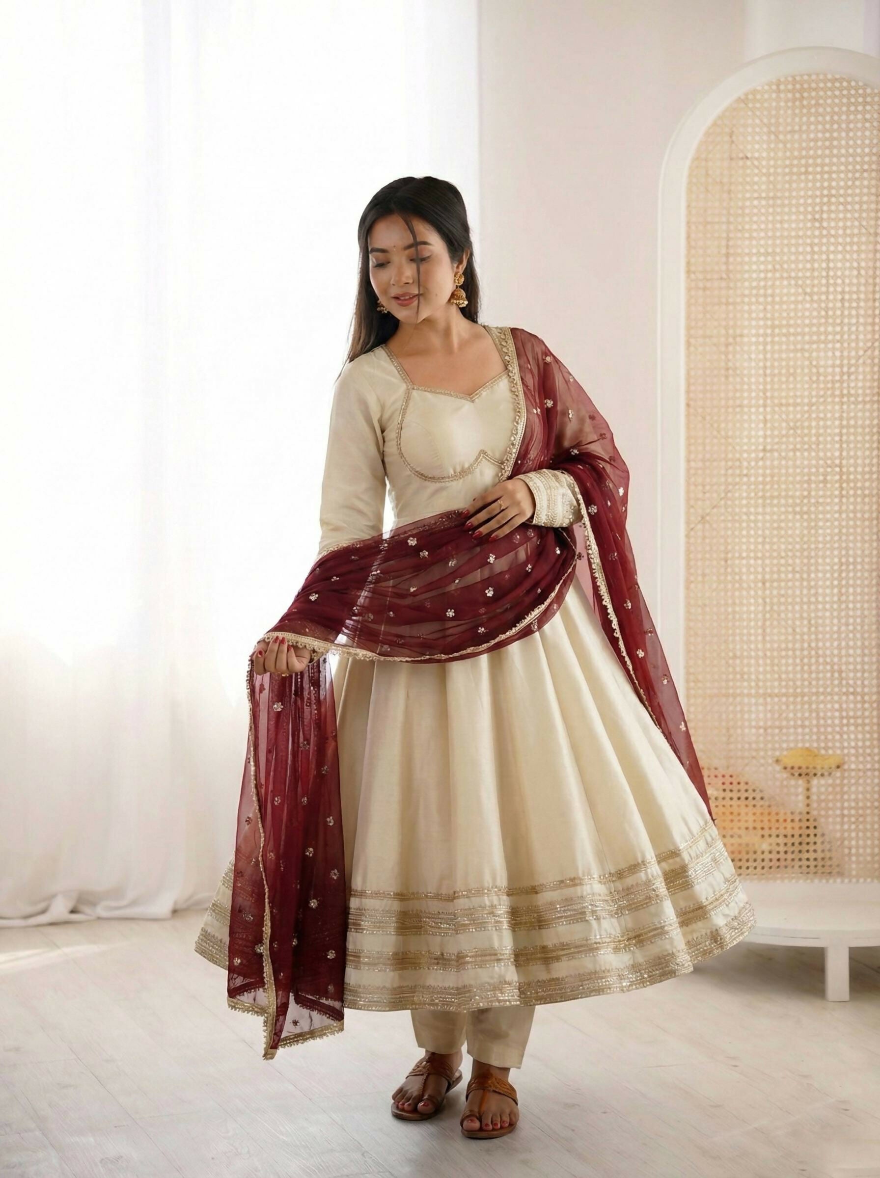 Teeya Creation Cream Cosmos Gold Lace Work Party Wear Gown - Distacart