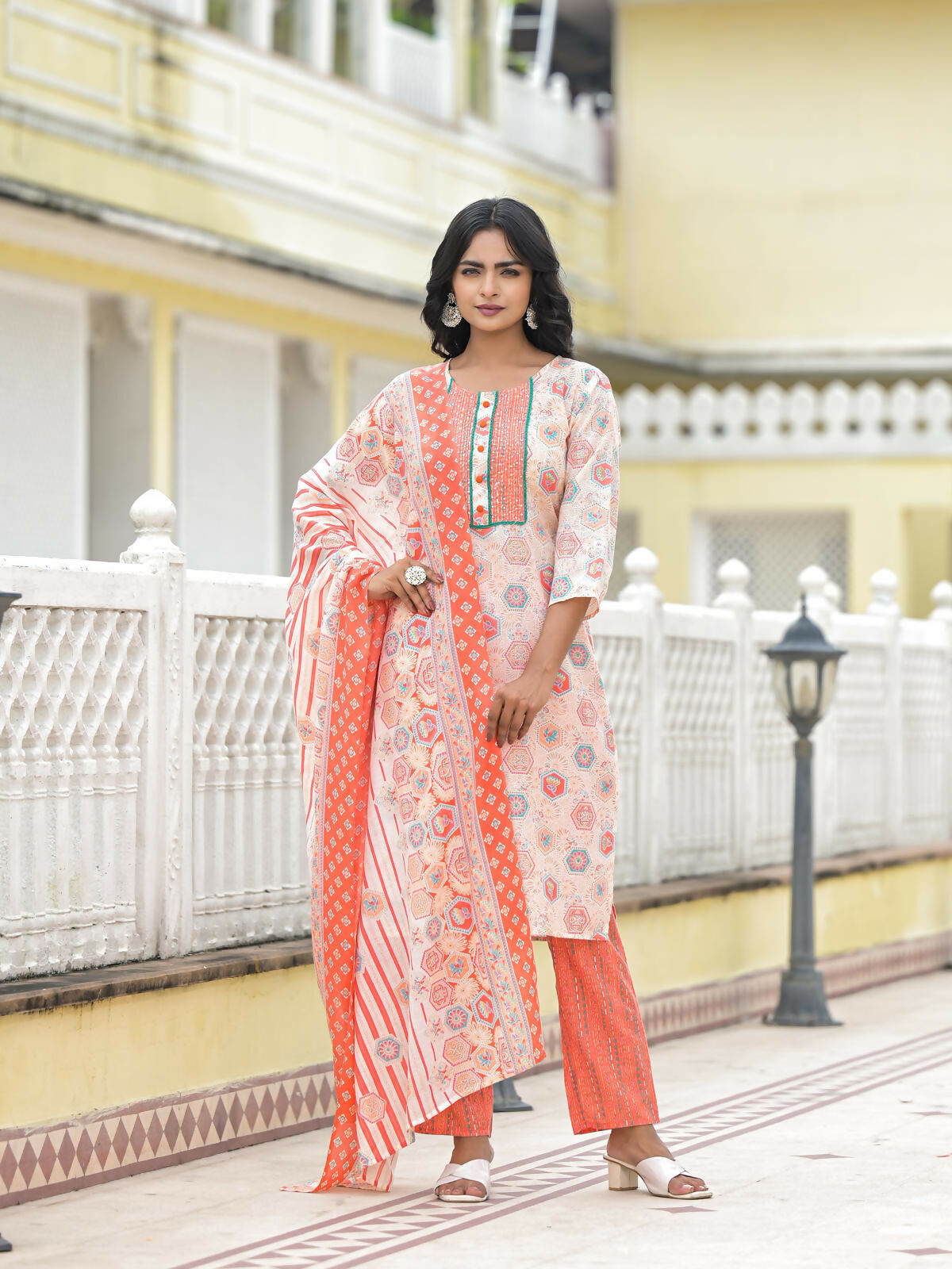 Juniper Women's Peach Floral Printed Cotton Kurta Pant With Dupatta Set With Sequins & Thread Work