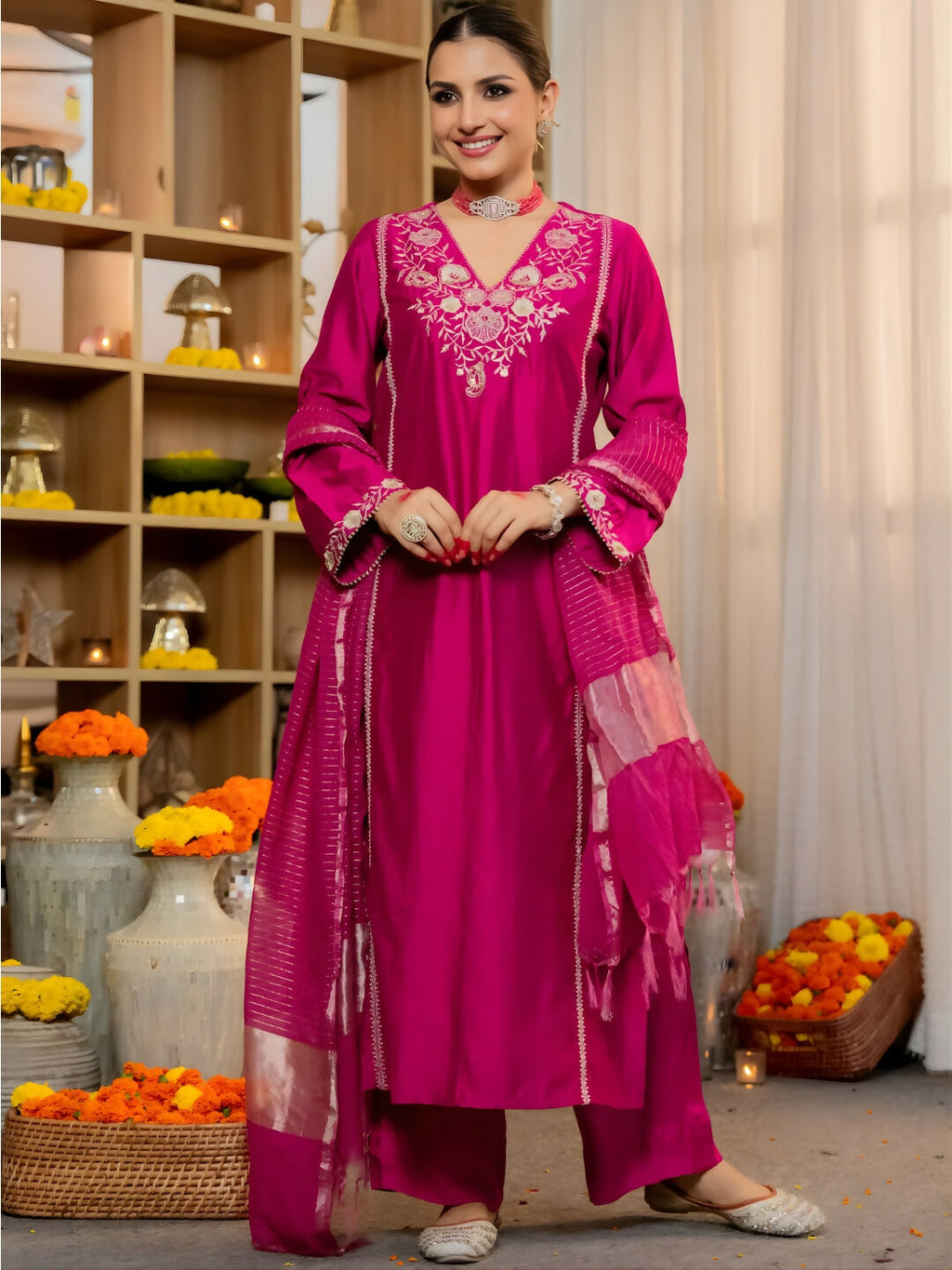 The52 Women's Beautiful Viscose Silk Fabric Embroidery Work A-Line Kurta Pant and Dupatta Set - Distacart
