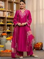 The52 Women's Beautiful Viscose Silk Fabric Embroidery Work A-Line Kurta Pant and Dupatta Set - Distacart