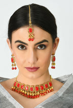Mominos Fashion Johar Kamal Gold-Plated Brass Finish Kundan/Pearls Choker For Women (Red) - Distacart