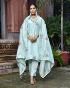 Vaasva Women's Tissue Silk Emboidered Suit Set With Solid Pant & Solid Embroidered Dupatta