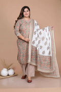 Miravan Women's Plus Size Brown Floral Printed Gotta Patti Pure Cotton Kurta With Palazzo And Dupatta Set