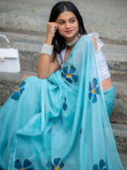 Prime Volt Women's Sky Blue Floral Digital Print Soft Linen Saree With Blouse - Distacart