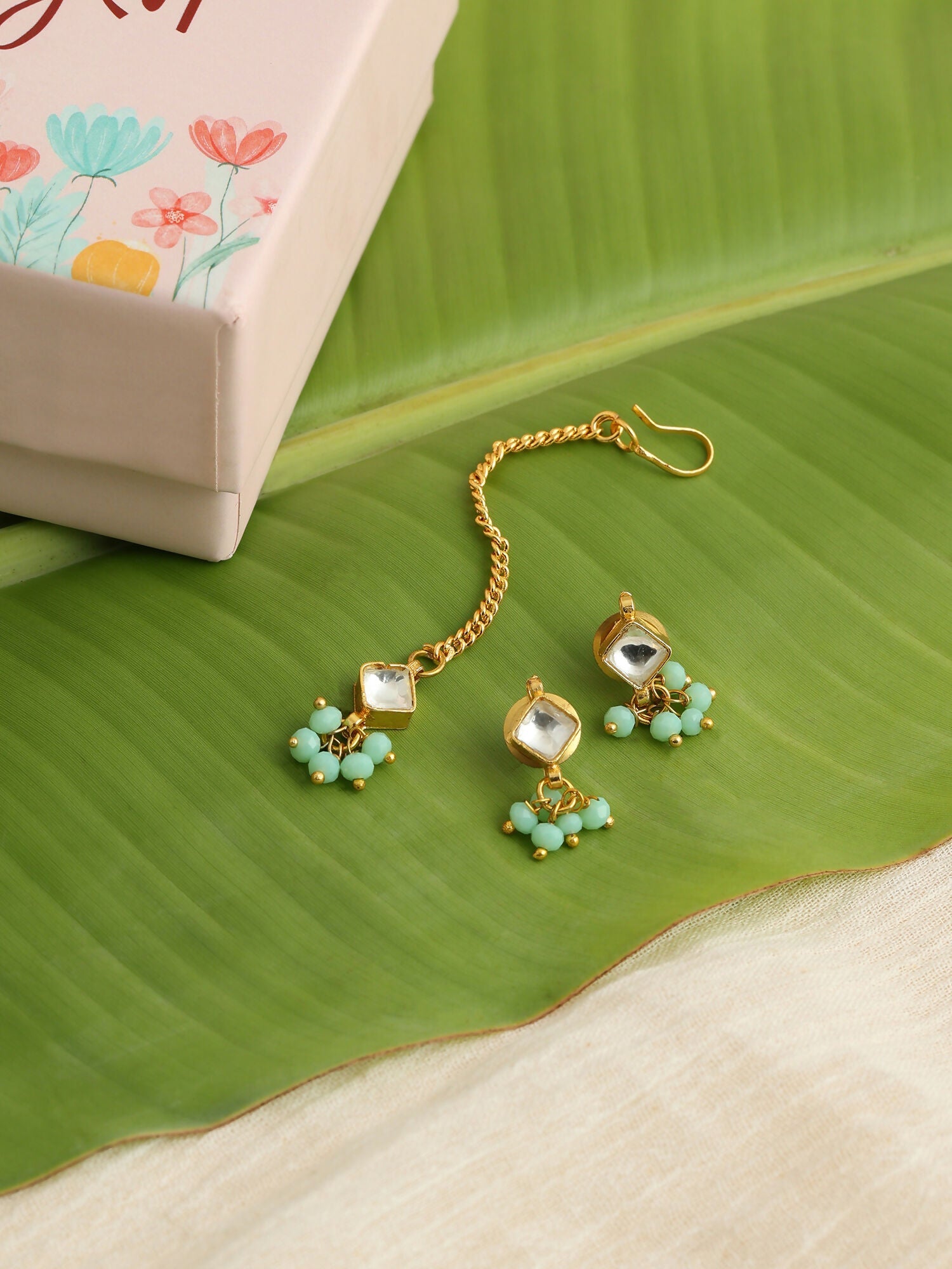 Ruby Raang Set Of Pastel Green Maang Tikka And Earrings - Distacart
