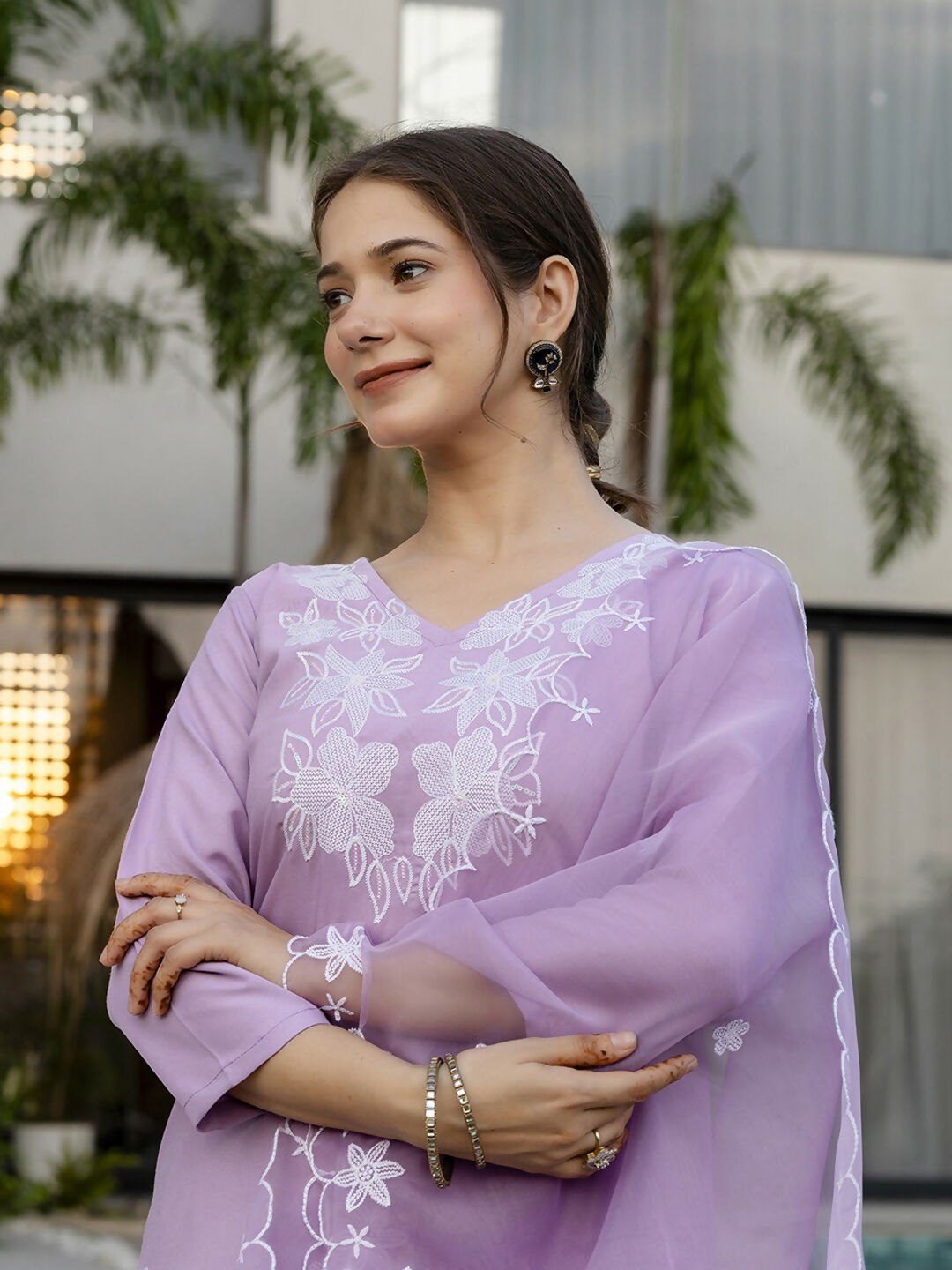 The52 Lavender Women's Beautiful Thread work Rayon Fabric with Straight Kurta, Pant and Dupatta Set - Distacart