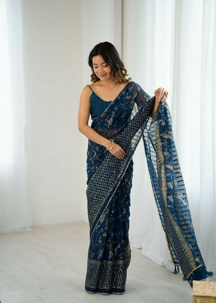 PR Fashion Morpich Georgette Patta Plain With Foil Work And Small Lace And Zalar Lace Saree