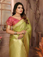 Anaita Light Green Soft Silk With Zari Weaving Borders Saree With Blouse