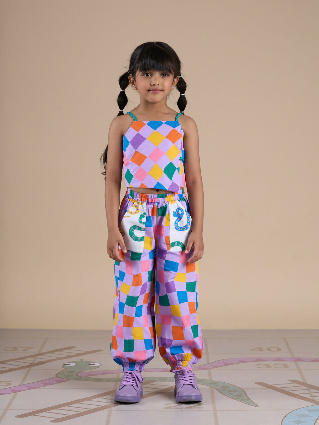 Snakes and Ladders Girls Multi Color Rotary Print Top and Pant Set from Siblings Collection