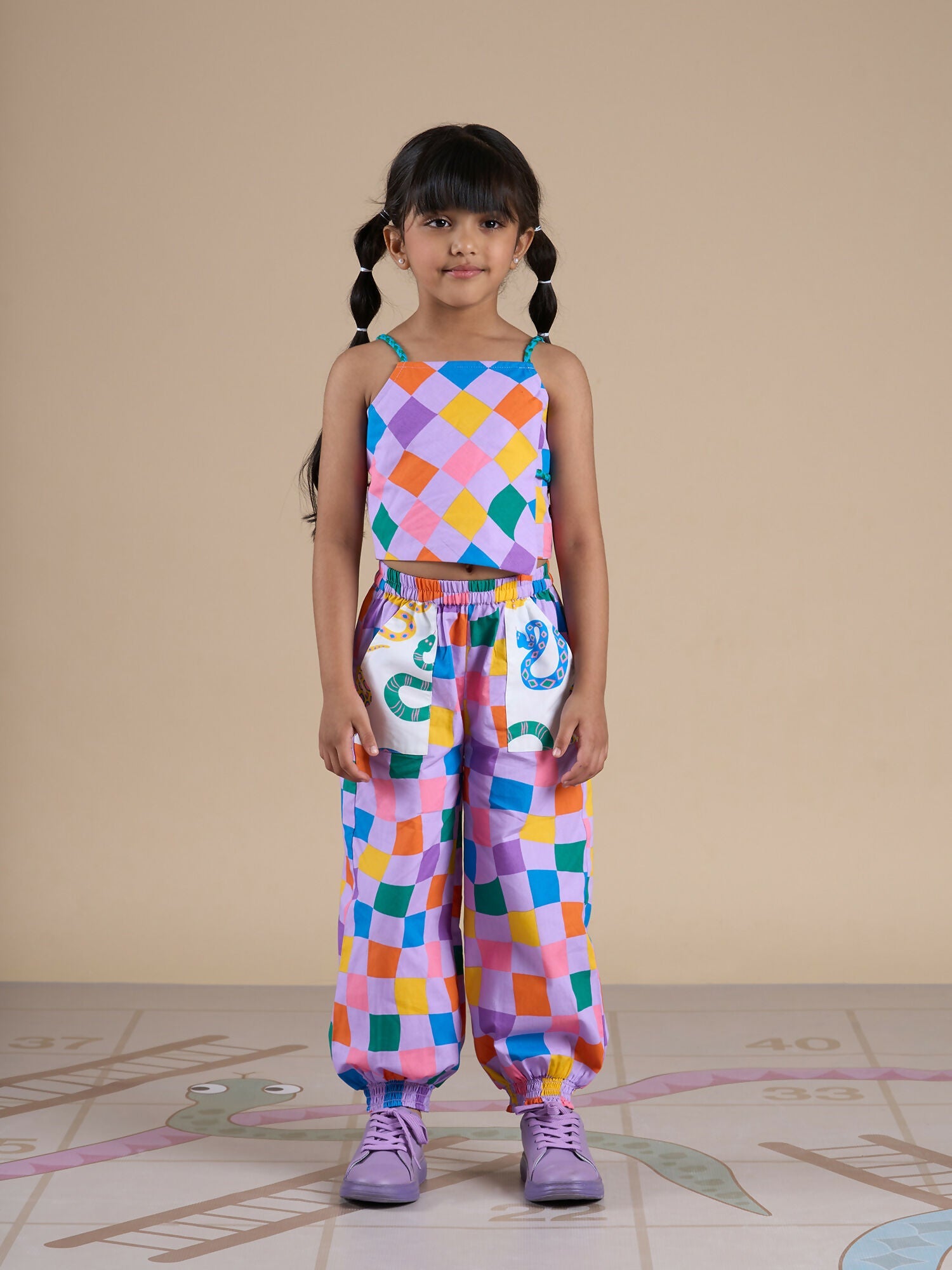 Snakes and Ladders Girls Multi Color Rotary Print Top and Pant Set from Siblings Collection