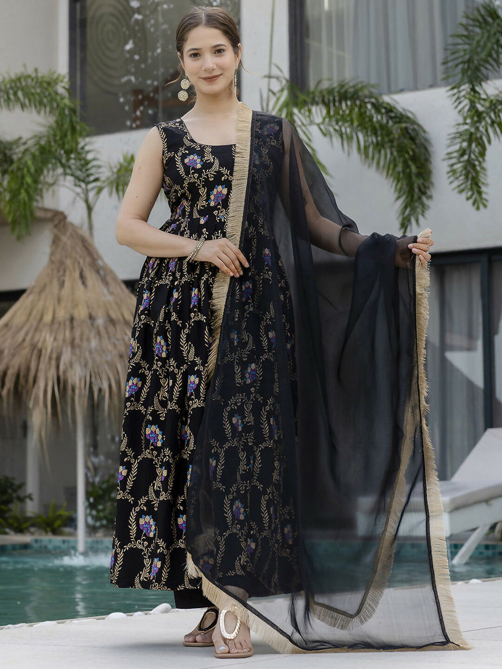 The52 Black Women's Gorgeous Printed Muslin Fabric Flared Kurta Pant and Dupatta Set - Distacart