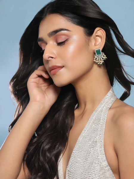 Diamond & Semi Precious Stone Green Earrings- Ruby Raang