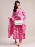 Aavyora Women's Pink Floral Print Cotton A-Line Kurta with Striped Trouser & Dupatta