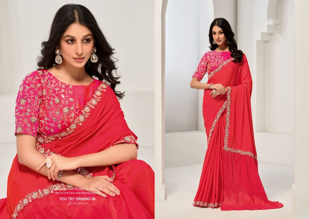 Red Crepe 2 tone silk Sequence & Handwork Saree with Unstitched Blouse - Norita Saanjh