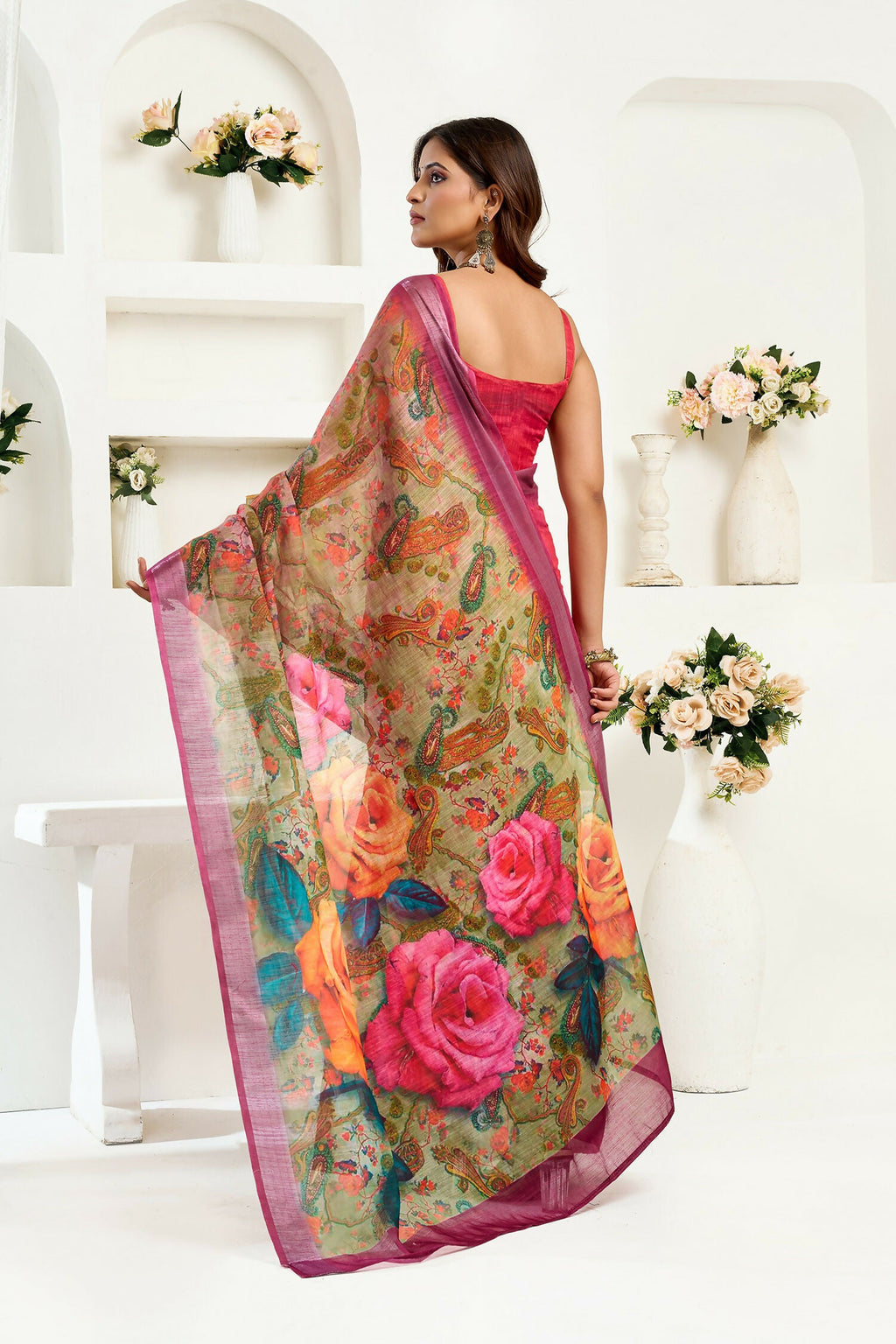 Joban Fashion  Onion Pink Floral Linen Ready To Wear Saree With Unstitched Blouse - Distacart