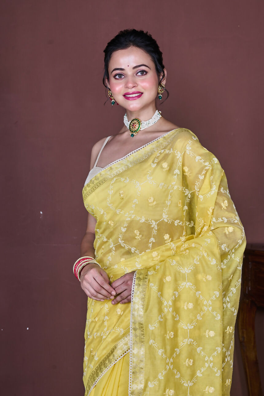 Morchari Yellow Cotton Chanderi Embroidery Saree Unstitched Blouse - Distacart